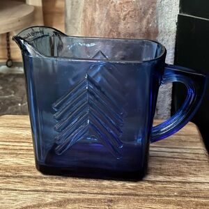Vintage Cobalt Blue Glass Small Pitcher Chevron Design